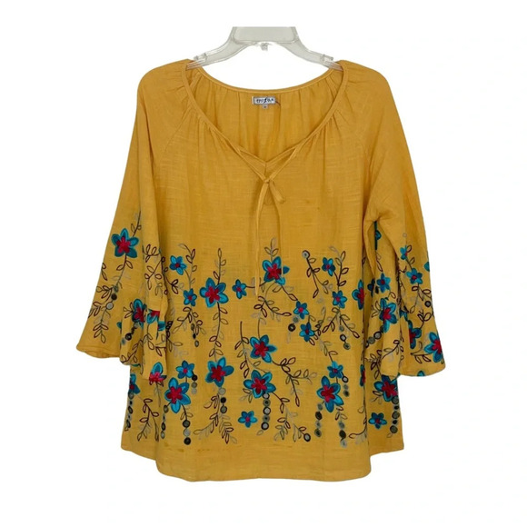 Boho Floral Embroidered Mustard Yellow Top Festival Novelty Stunning Medium - Picture 1 of 11